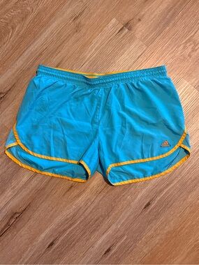 adidas Teal Shorts with Yellow-Orange Waist Trim